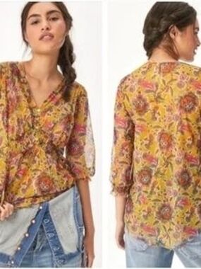 Anthropologie Yellow Floral V-Neck Sheer Blouse